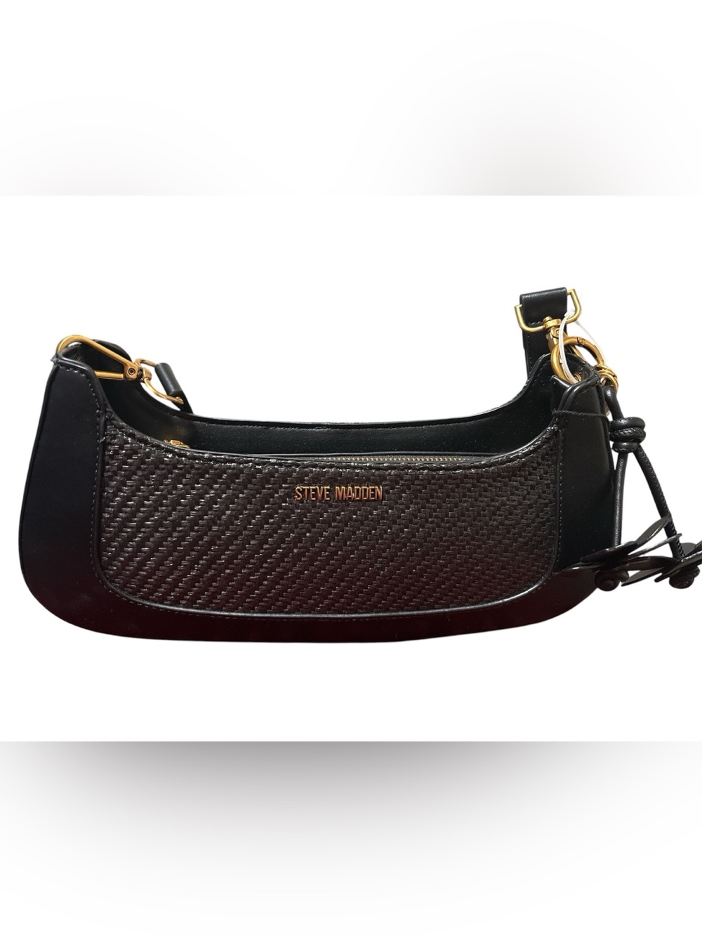 Steve Madden Black Woven Shoulder Bag with Gold Hardware